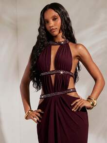 Opulessa Spring/Summer Vacation Solid Color Knit Mesh Hollow Out Halter Backless Dress For Women - Burgundy - View 5