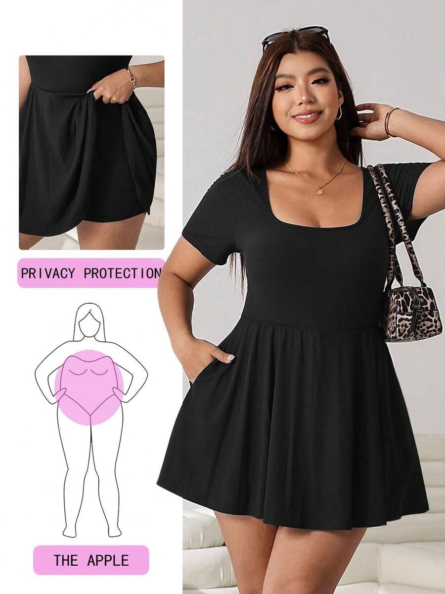 Solflare Plus Size Summer Casual Solid Color Short Sleeve Romper - Black - View 1