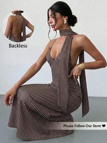 Firerie Women's New Black And White Striped Mesh Print Backless Spaghetti Strap Maxi Dress, Sexy Long High Elastic Flowing Vacation Style V-Neck Brunch Summer - Chocolate Brown - View 2