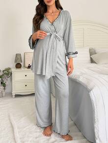 Moonlight&Mama Conjunto de ropa de estar en casa para maternidad con top de pijama de manga 3/4 con volantes y lazo en color contrastante + pantalones largos - Gris Oscuro - Ver 5