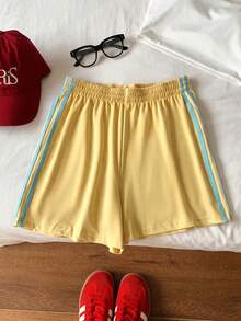 Comfortcana Plus Size Fashion Striped Side Color Block Casual Shorts - Yellow - View 5
