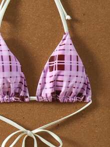 Swim Mod Women's Spring/Summer New Polka Dot Print Bow Decor V-Neck Halter Backless Triangle Tie Bikini Set 3pcs - Multicolor - View 5