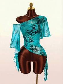 Amplova Leopard Print Asymmetrical Shoulder Ruffle Trim Women's Autumn Top T-Shirt Party Club Black And White Leopard Print Sexy - Blue - View 2