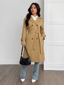 SHEIN PETITE Women's Casual Fleece Lined Trench Coat Jacket, Autumn/Winter - Camel - View 4