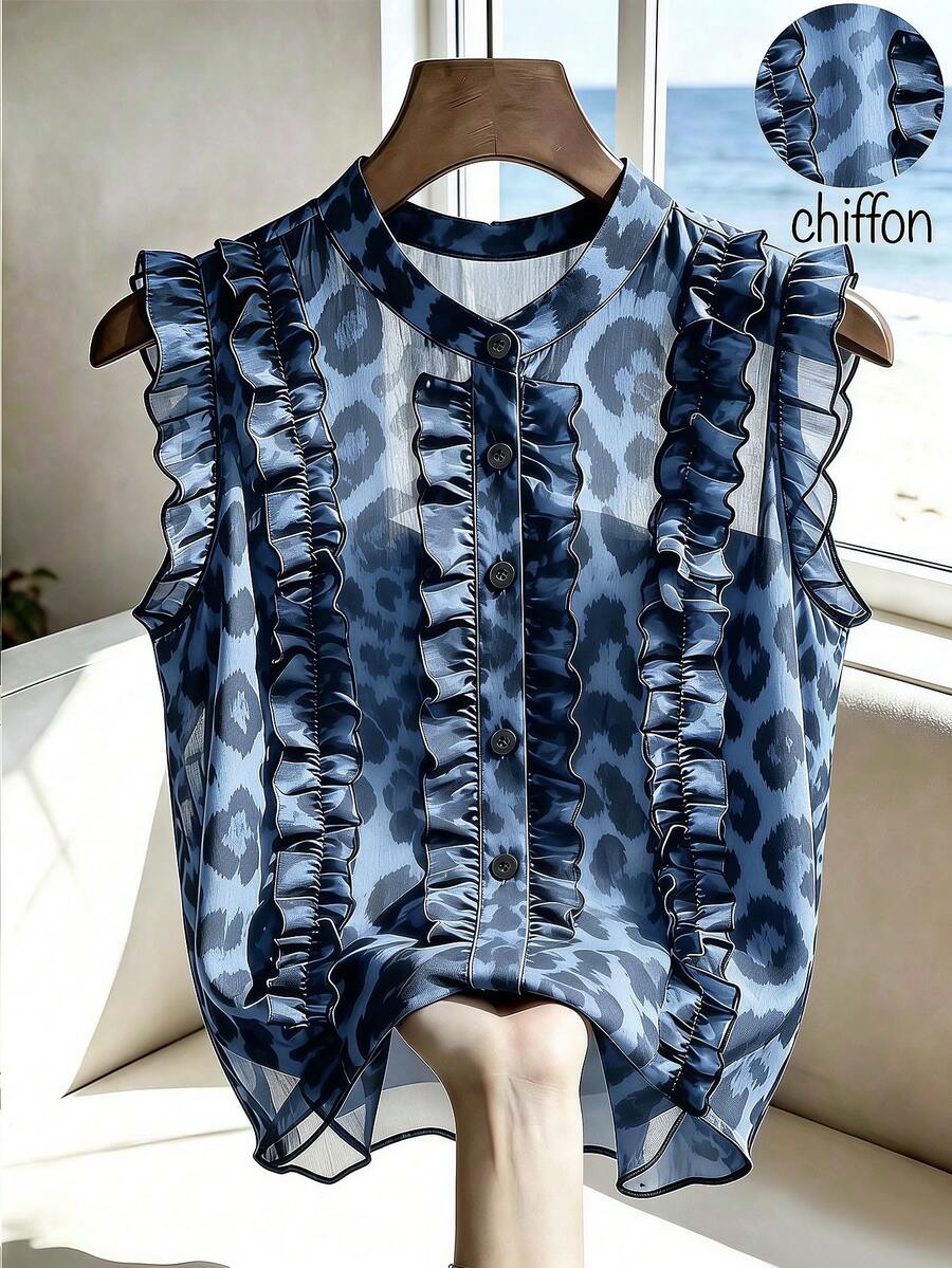 SHEIN Franclia Kemeja Tanpa Lengan Chiffon Motif Leopard Vintage, Musim Panas - Biru - View 1