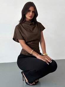 Firerie Wrinkled Collar Asymmetrical Sleeve Side Ruched Cinched Waist Commuter Apricot Bamboo Fiber Linen Blouse For Women, All Season,Summer Top - Coffee Brown - View 3