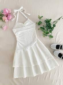 SHEIN Vestido de cuello halter con decoración de estrella de mar metálica para niña preadolescente - Beis - Ver 3