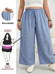 SHEIN CURVE+ CURVE PLUS 女款藍色抽繩高腰休閒錐腳長褲，彈性腰頭，適合度假、音樂祭、海邊度假、波希米亞風、鄉村風、牛仔風，適合夏季穿著，女教師穿搭，US22大尺碼 - 藍色 - 查看 1
