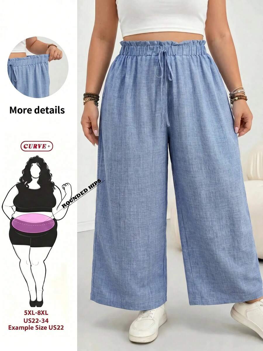 SHEIN CURVE+ CURVE PLUS 女款藍色抽繩高腰休閒錐腳長褲，彈性腰頭，適合度假、音樂祭、海邊度假、波希米亞風、鄉村風、牛仔風，適合夏季穿著，女教師穿搭，US22大尺碼 - 藍色 - 查看 1