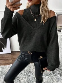 EMERY ROSE Women's Solid Color Off-Shoulder Long Sleeve Casual Pullover Sweater - Black - View 7