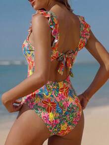 Swim Vcay Women's Summer Vacation Beach Ditsy Floral Ruffle Tie One-Piece Swimsuit Set - Multicolor - View 2