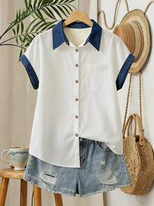 EMERY ROSE Colorblock Patchwork Short Sleeve Casual Vacation Shirt - Multicolor - View 3