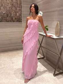 Aloruh Women's Summer Beach Day Party Date Wedding Romantic Elegant Soft Pink Voluminous Ruffled Hem Strapless Dress - Pink - View 1
