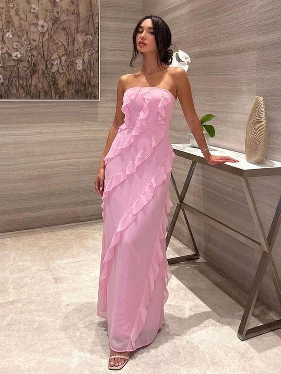 Aloruh Women's Summer Beach Day Party Date Wedding Romantic Elegant Soft Pink Voluminous Ruffled Hem Strapless Dress - Pink - View 1