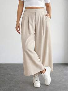 SHEIN PETITE CURVE 大码纯色简约休闲裤 - 卡其色 - 查看 6