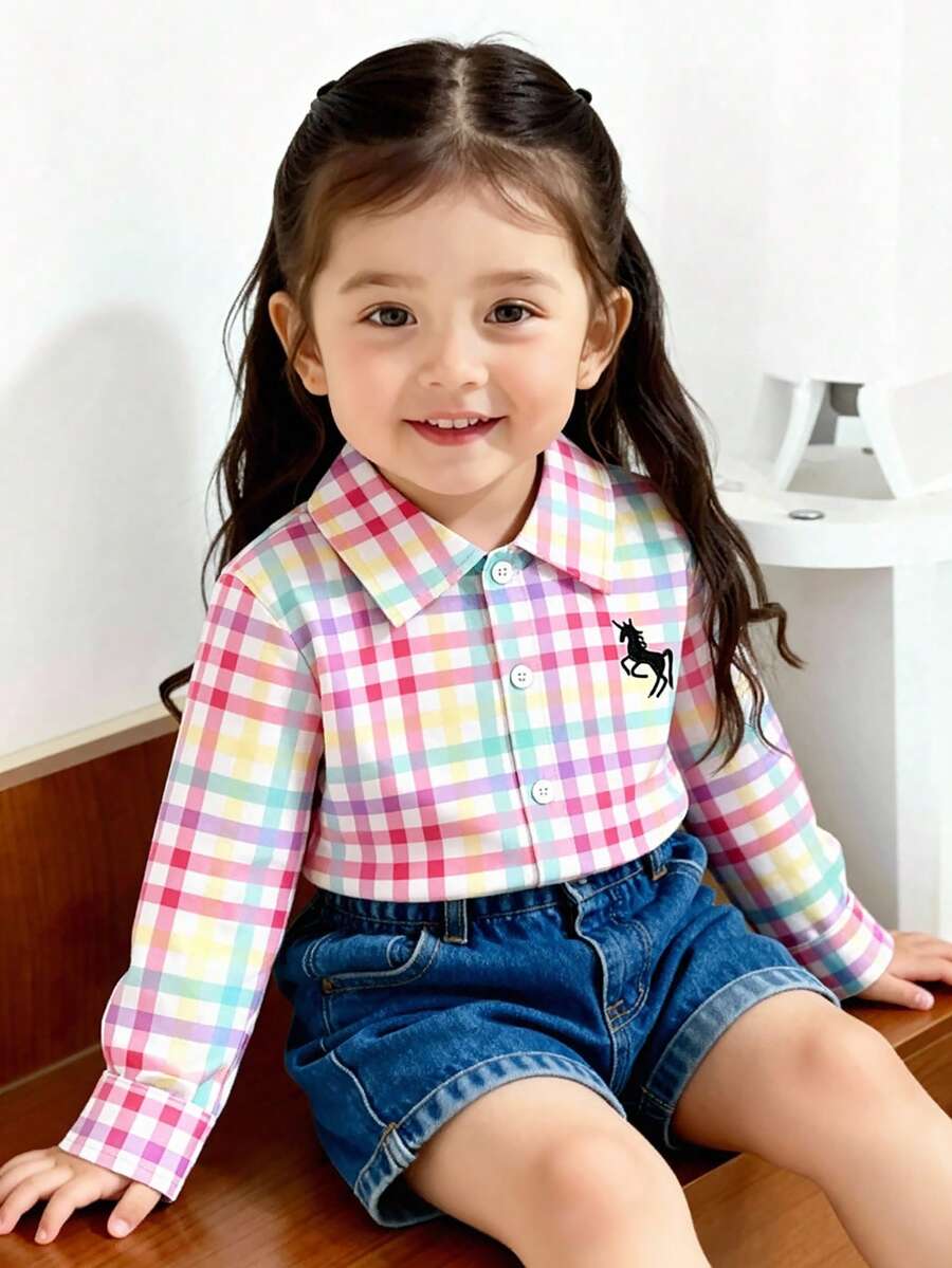 SHEIN Playful Pals 女婴休闲格子长袖衬衫,可爱清新韩版风格,适合春、秋、冬三季穿着,百搭单品 - 彩色 - 查看 1