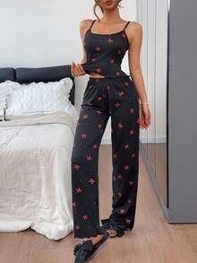 SHEIN 女款休閒性感蝴蝶結印花套裝 - 黑色 - 查看 4