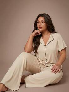 Lazeform Conjunto de Pijama Confortável de Plus Size com Gola Minimalista Casual - Damasco - Visão 5