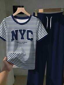 SHEIN EZwear 两件套：刺绣圆领短袖上衣和条纹印花长裤，休闲款 - 藍色 - 查看 5