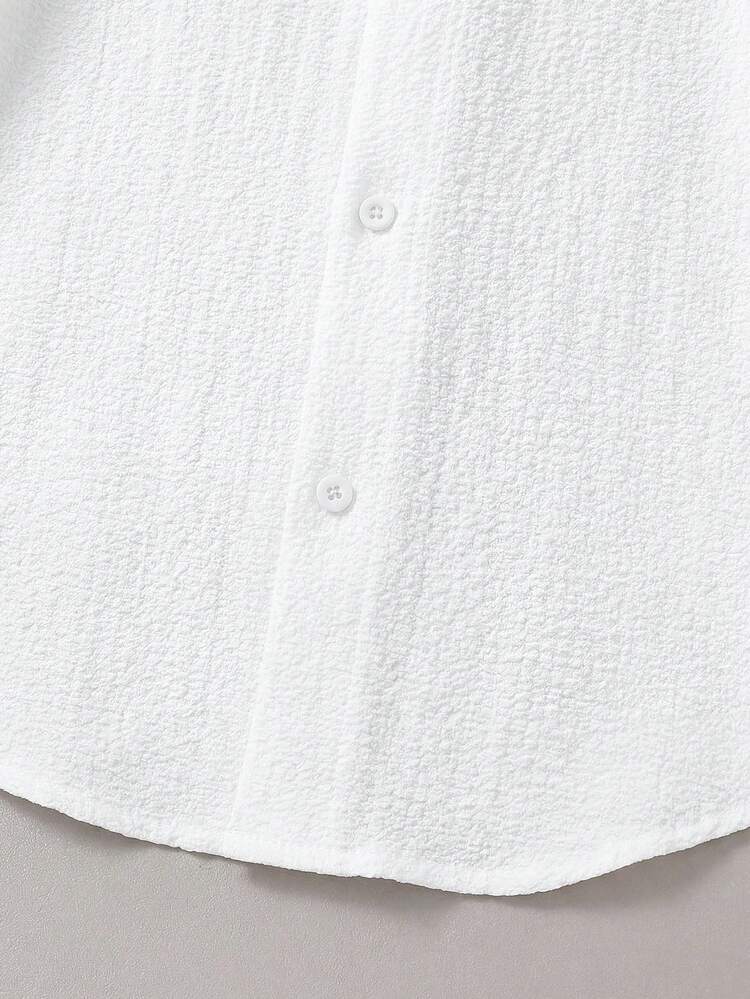SHEIN Tween Boy Vacation Style Solid Color Lapel Front Button Fitted Woven Short Sleeve Shirt Holiday Squishy Casual Comfortable Shirts Blusas Graduation - White - View 4