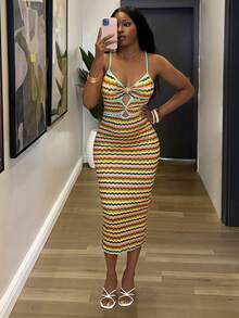 Glyssa Summer Vacation Colorful Wavy Striped Knit Bodycon Dress For Women, Heart-Shaped Neckline With Thin Shoulder Straps, Hollow-Out Detail, Slim Fit, Mid-Length Dress Suitable For Party And Club Occasions - Multicolor - View 5