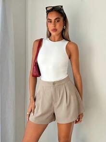 Siren Gaze Solid Color Button Pocket Loose Elegant Commuter Shorts - Khaki - View 4