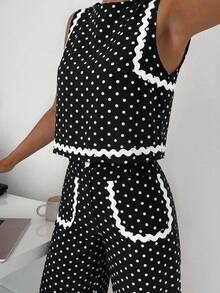 Siren Gaze Women's 2 Pieces Set, Contrast Trim Top And Solid Color Casual Elegant Loose Pants, Daily Casual Office Work Commute Outfit, Black And White Polka Dot - Black - View 5