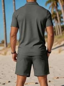 Manfinity Dauomo Men's Casual Solid Color Short Sleeve Polo Shirt And Shorts Set, Summer Holiday Vacation Dark Grey - Dark Grey - View 2