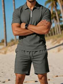 Manfinity Dauomo Men's Casual Solid Color Short Sleeve Polo Shirt And Shorts Set, Summer Holiday Vacation Dark Grey - Dark Grey - View 4