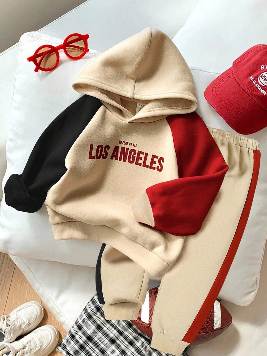 SHEIN 2pcs Baby Boys Casual College Style Soft & Comfy Pullover Hoodie Sweatpants Set With English Graphics, Versatile For Daily Wear, School, Outings, Sports, Autumn/Winter Suitable For School, Suitable For Outings, Suitable For Back-To-School Season, Suitable For Dressing, Suitable For Christmas Banquets, Suitable For Social Activities - Multicolor - View 1