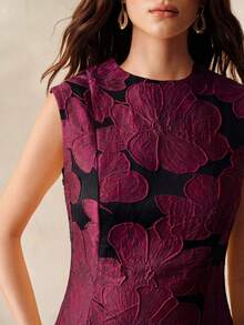 BELROSIE Vintage Mature French Elegant Women's Date Party Night Dinner Formal Official Dress, Embroidery Black Floral Jacquard Fabric, Sleeveless Summer - Red Violet - View 4