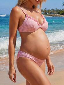 SHEIN 26SS Summer Beach Vacation Yellow Ruffle Textured Fabric Maternity Swimwear Set - Pink - View 4