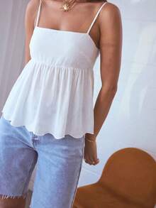 Aralina Plaid Tie Back Flowy Vacation Summer Babydoll Peplum Cami Top - White - View 3