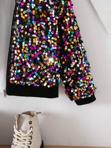 SHEIN Young Girl Asymmetrical Pattern Sequin Accent Party Music Festival Classic Zip-Up Flight Jacket For Young Girl - Multicolor - View 4