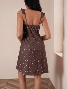 SHEIN Women's Sweet Heart Print Flutter Sleeve A-Line Cami Nightgown - Chocolate Brown - View 2
