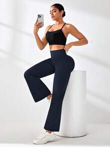 Easithlete Solid Color High Waist Straight Leg Sports Pants - Dusty Blue - View 3