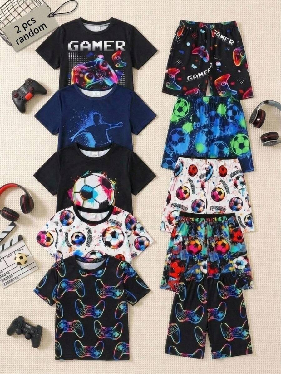 SHEIN 兒童青少年男童貼身卡通螢光遊戲手把圖案休閒簡約緊身舒適圓領短袖短褲家居服,適合春夏穿著 - 綠色 - 查看 1
