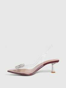 CUCCOO SZL Women's Clear Slip On Pumps Square Toe Rhinestone Transparent Heels - Scarlet - View 4