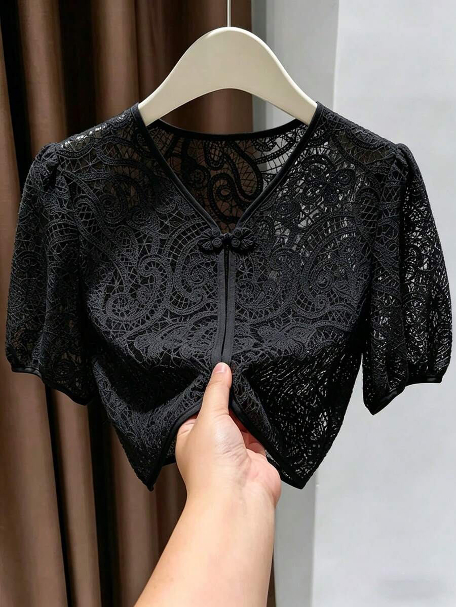 Franclia Summer Elegant Solid Color Hollow Knit Cropped Jacket - Black - View 1