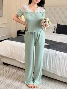SHEIN 女士法式露肩蕾丝拼布短袖上衣和长裤睡衣套装 - 綠色 - 查看 5