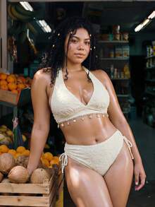 Swim Vcay 2026 New Summer Beach Vacation Women's 2-Piece Yellow Textured Floral Triangle Bikini Set, Bohemian Style Halter Top With Shell & Starfish Pendant, Side Tie Swim Bottoms, Suitable For Summer Beach Vacation. Plus Size Swimsuit Set - Pale Yellow - View 1