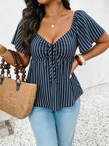 SHEIN Frenchy Casual Spring/Summer Nautical Style Blue & White Striped Pattern Off-Shoulder Drawstring Plus Size Women's T-Shirt, Vacation Women's Off-Shoulder Summer Top - Multicolor - View 4