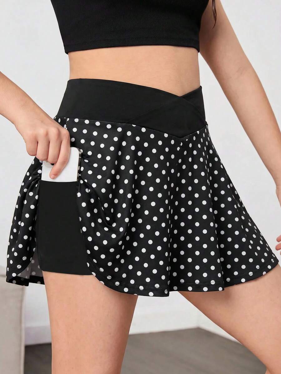 SHEIN Tween女孩秋季休閒運動高彈力交叉腰褶邊下擺喇叭裙褲,附手機口袋,黑白波點網球裙 - 彩色 - 查看 1
