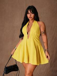 Rustia Vestido de Talla Grande con Diseño Sexy y Elegante, Escote Profundo en V, Cuello Halter con Lazo y Cintura Ceñida - Amarillo - Ver 1