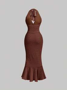 SHEIN MOD Ruffled Fitted Ruched Bow Tie Halter Neck Mesh Dress Graduation Beach Dress - Coffee Brown - View 4