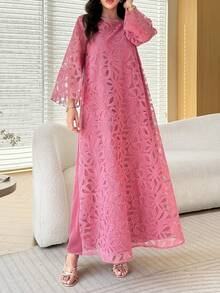 Al Najma Đầm dáng chữ A suông tay lỡ 3/4 cổ tròn thêu 3D dày dặn cho xuân/hè - Hồng - Xem 7