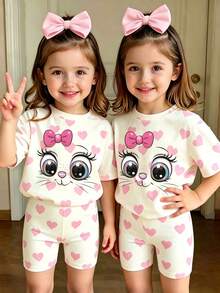 Baby Girl Fresh Cute Cartoon Cat Pink Bow Beige Bottom Pink Heart Pattern Basic Short T-Shirt And Biker Shorts Set, Comfortable Daily Sports Outfit - Multicolor - View 3