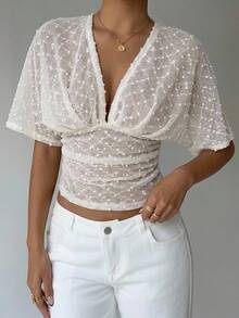Aloruh White Polka Dot Deep V Ruched Short Sleeve Tight Fitted Women T-Shirt Birthday Summer Elegant - Apricot - View 4