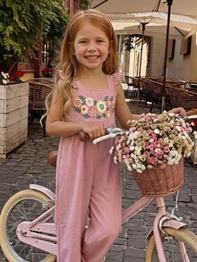 SHEIN Kids Young Girl Woven Floral Print Ruffle Strap Casual Jumpsuit - Pink - View 3