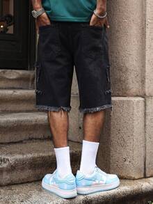 Manfinity EMRG Short en jean d'été pour hommes, short ample à jambes larges style street - Noir - Voir 2